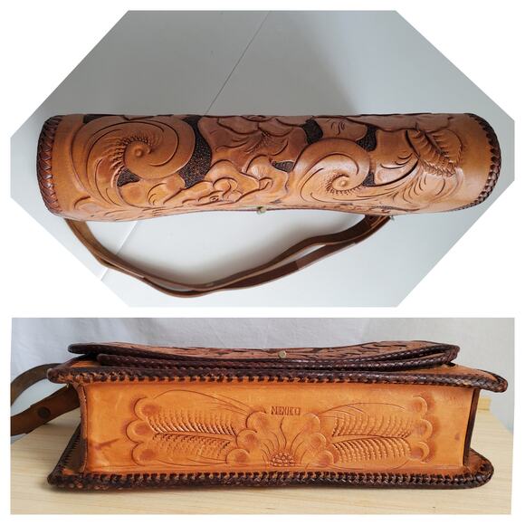Vtg Mexican Hand Tooled Leather Bag Horses Roses Retro Boho Hippie Artsy Artisan - Picture 10 of 13